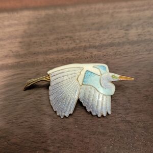 Sterling And Enamel White Heron / Crane / Stork Brooch